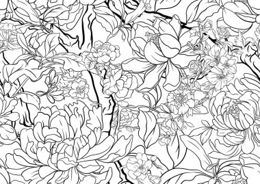 Gül, şakayık, kasımpatı, kusursuz desenli, arka planda çiçek ağaçları. Taslak Vektör illüstrasyonu. Chinoiserie 'de botanik tarzında.