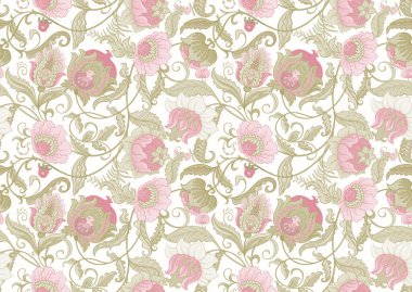 Eski moda fantezi çiçekleri, eski moda, jakoben nakış tarzı. Kusursuz desen, arka plan. Vektör illüstrasyonu.