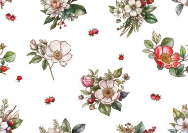 Yabani gül çiçekleri ve böğürtlenlerden oluşan yaka çiçekleri, kusursuz desenler, arka plan. El çizimi vektör çizimi. Botanik tarzında.