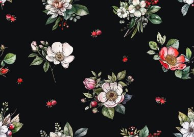 Yabani gül çiçekleri ve böğürtlenlerden oluşan yaka çiçekleri, kusursuz desenler, arka plan. El çizimi vektör çizimi. Botanik tarzında.