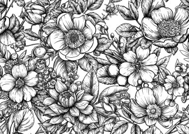 Çiçek açan ağaç, dallardaki gül çiçekleri. Serçeler, ispinozlar, kelebekler, yusufçuklar. Kusursuz desen, arka plan. Vektör çizimi. Chinoiserie, geleneksel oryantal botanik motifi.