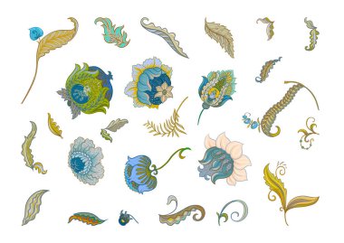 Eski moda fantezi çiçekleri, eski moda, jakoben nakış tarzı. Clip sanatı, tasarım Vektörü illüstrasyonu için elementler kümesi.