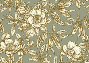 Yapraklı yeşil çay dalı ve yaban gülü çiçekler ve böğürtlenler. Kusursuz desen, arka plan. Vektör çizimi. Botanik tarzında.