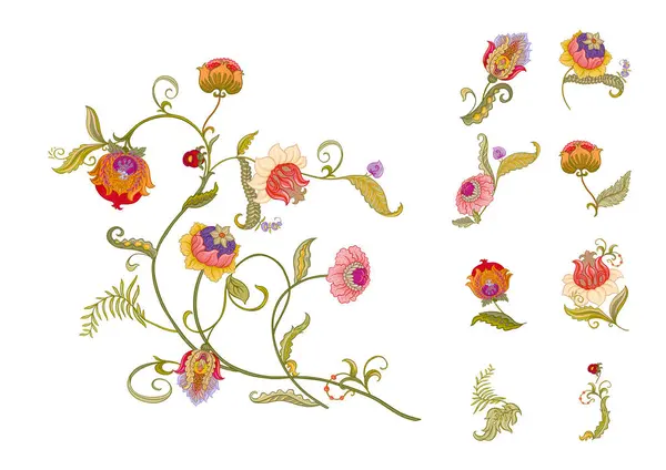 Fantázia Virágok Retro Vintage Jakobab Hímzés Stílusban Clip Art Készlet Vektor Grafikák