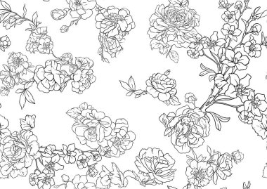 Gül, şakayık, kasımpatı, kusursuz desenli, arka planda çiçek ağaçları. Taslak Vektör illüstrasyonu. Chinoiserie 'de botanik tarzında.