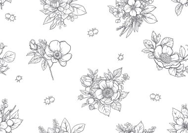 Yabani gül çiçekleri ve böğürtlenlerden oluşan yaka çiçekleri, kusursuz desenler, arka plan. El çizimi vektör çizimi. Botanik tarzında.