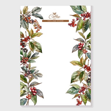 Kahve ağacı. Yaprak ve böğürtlenli dal. Menü sayfası için sınır, çerçeve, şablon, ürün etiketi, kozmetik ambalaj. Vektör çizimi. Botanik tarzında.