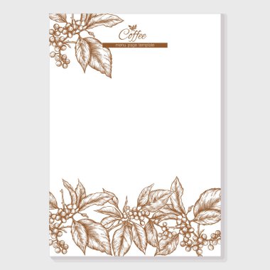 Kahve ağacı. Yaprak ve böğürtlenli dal. Menü sayfası için sınır, çerçeve, şablon, ürün etiketi, kozmetik ambalaj. Vektör çizimi. Botanik tarzında.