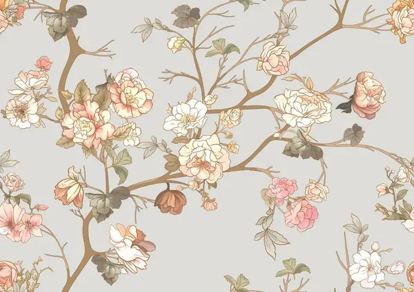 Virágos Fák Virágokkal Zökkenőmentes Minta Háttér Vektor Illusztráció Chinoiserie Ben — Stock Vector