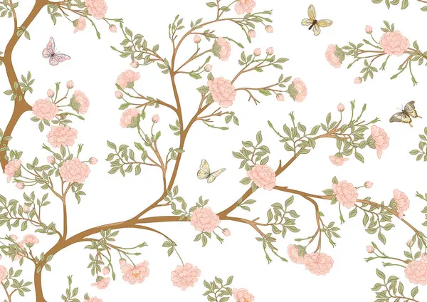 Virágos Fák Virágokkal Pillangókkal Zökkenőmentes Minta Háttér Vektor Illusztráció Chinoiserie — Stock Vector