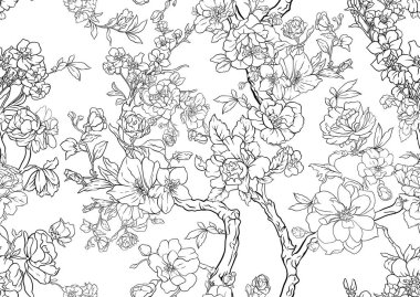 Gül, şakayık, kasımpatı, kusursuz desenli, arka planda çiçek ağaçları. Taslak Vektör illüstrasyonu. Chinoiserie 'de botanik tarzında.