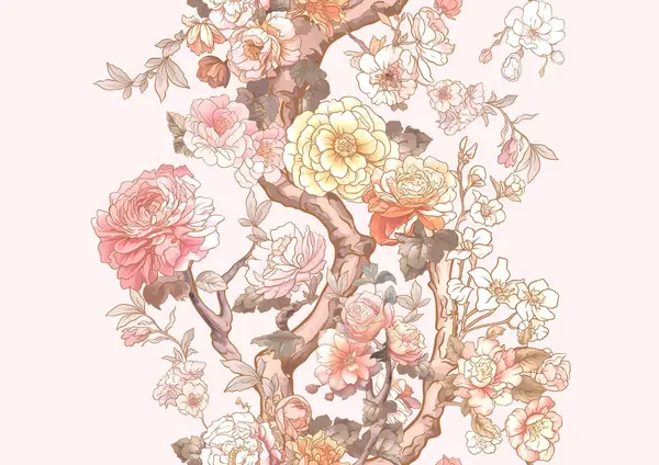 Virágos Fák Rózsa Bazsarózsa Krizantém Zökkenőmentes Minta Háttér Vektor Illusztráció Vektor Grafikák