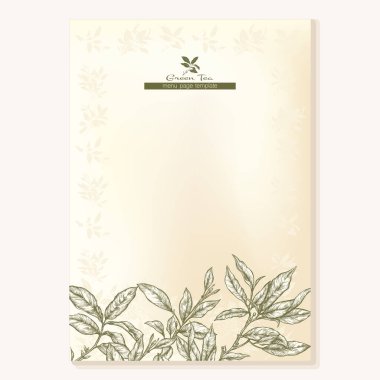 Yapraklı yeşil çay dalı, sınır, çerçeve, menü sayfası şablonu, ürün etiketi, kozmetik ambalaj. Vektör çizimi. Botanik tarzında.