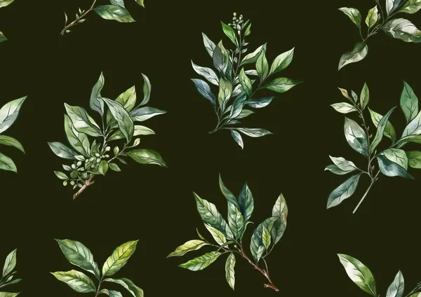 Branch Zöld Tealevéllel Zökkenőmentes Minta Háttér Vektor Illusztráció Botanikai Stílusban Jogdíjmentes Stock Illusztrációk