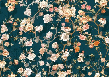 Çiçekli çiçek ağaçları. Kusursuz desen, arka plan. Vektör çizimi. Chinoiserie, japandi, botanik stili
