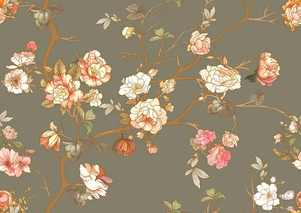 Květiny Květinami Bezproblémové Vzorce Pozadí Vektorová Ilustrace Chinoiserie Japandi Botanický — Stockový vektor