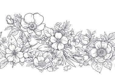Yabani gül çiçekleri ve böğürtlenlerden oluşan yaka çiçekleri, kusursuz desenler, arka plan. El çizimi vektör çizimi. Botanik tarzında.