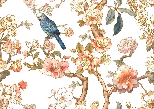 Virág Fák Veréb Papagáj Zökkenőmentes Minta Háttér Vektor Illusztráció Chinoiserie Vektor Grafikák