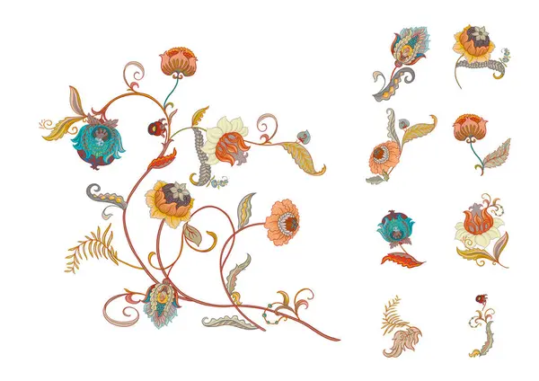 Fantasie Bloemen Retro Vintage Jacobische Borduurstijl Clip Art Set Elementen — Stockvector