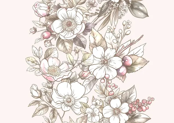 Boutonniere Divoké Růže Květiny Bobule Bezešvé Vzor Pozadí Obrys Ručně Royalty Free Stock Ilustrace