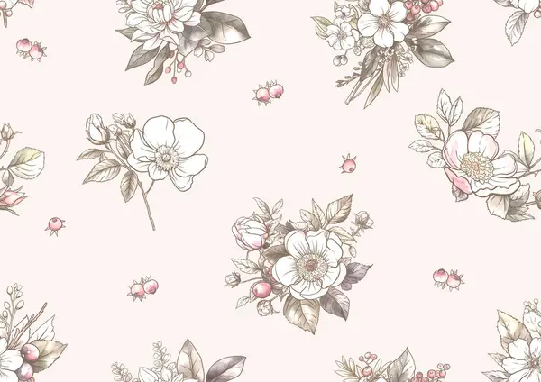 Boutonniere Divoké Růže Květiny Bobule Bezešvé Vzor Pozadí Obrys Ručně Royalty Free Stock Ilustrace