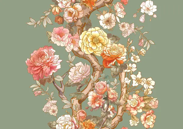 Квітучі Дерева Трояндою Півонією Хризантемою Безшовним Візерунком Тлом Векторні Ілюстрації Ліцензійні Стокові Ілюстрації