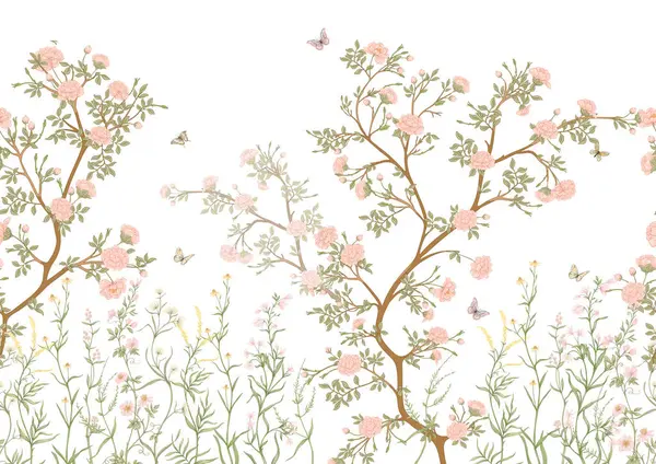 Ανθισμένα Δέντρα Λουλούδια Και Πεταλούδες Απρόσκοπτη Μοτίβο Φόντο Εικονογράφηση Διανύσματος Εικονογράφηση Αρχείου