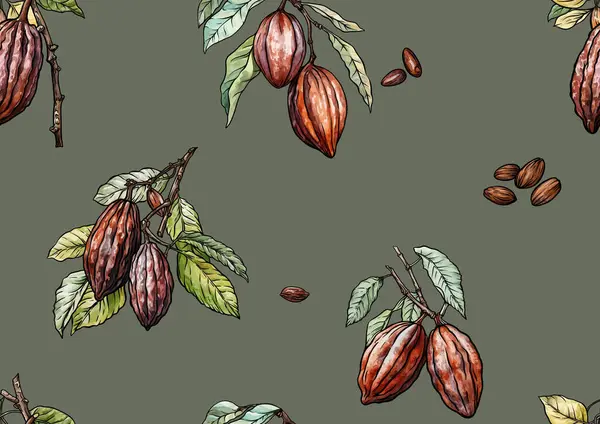 Kakaó Faág Kakaóbabbal Csokoládébabbal Zökkenőmentes Mintával Háttérrel Vektor Illusztráció Botanikai Stock Vektor