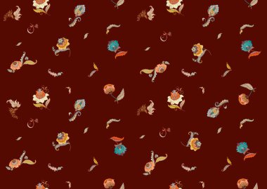 Eski moda fantezi çiçekleri, eski moda, jakoben nakış tarzı. Kusursuz desen, arka plan. Vektör illüstrasyonu.