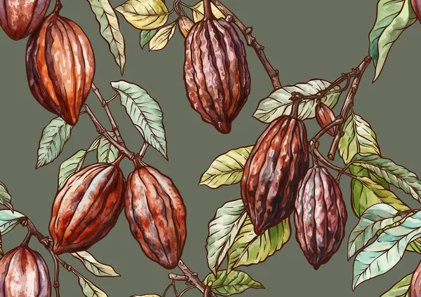 Kakaó Faág Kakaóbabbal Csokoládébabbal Zökkenőmentes Mintával Háttérrel Vektor Illusztráció Botanikai Stock Illusztrációk