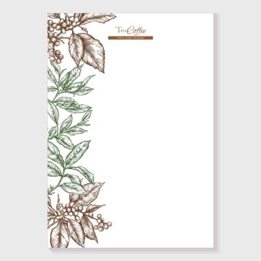 Yapraklı yeşil çay dalı. Kahve ağacı. Yaprak ve böğürtlenli dal. Menü sayfası için sınır, çerçeve, şablon, ürün etiketi, kozmetik ambalaj. Vektör çizimi. Botanik tarzında.