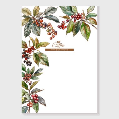 Kahve ağacı. Yaprak ve böğürtlenli dal. Menü sayfası için sınır, çerçeve, şablon, ürün etiketi, kozmetik ambalaj. Vektör çizimi. Botanik tarzında.