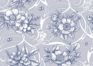 Çiçek açan ağaç, dallardaki gül çiçekleri. Serçeler, ispinozlar, kelebekler, yusufçuklar. Kusursuz desen, arka plan. Vektör çizimi. Chinoiserie, geleneksel oryantal botanik motifi.