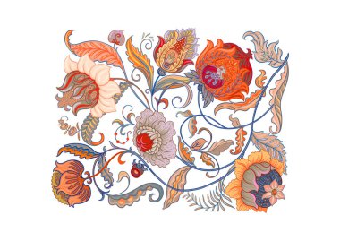 Eski moda fantezi çiçekleri, eski moda, jakoben nakış tarzı. Clip sanatı, tasarım Vektörü illüstrasyonu için elementler kümesi.