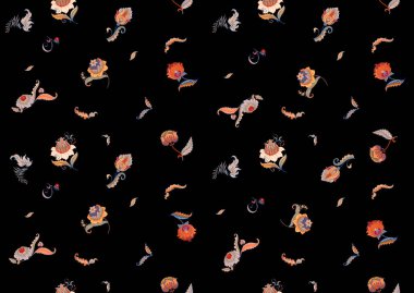 Eski moda fantezi çiçekleri, eski moda, jakoben nakış tarzı. Kusursuz desen, arka plan. Vektör illüstrasyonu.