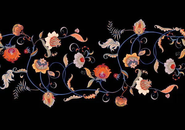 レトロ ヴィンテージ ジャコビアン刺繍スタイルのファンタジー花 シームレスなパターン ベクターイラスト ストックイラスト