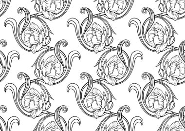 Terri Lale çiçekleri, dekoratif çiçekler ve yapraklar sanat tarzında yeni moda, eski, eski tarz. Kusursuz desen, arka plan. Vektör illüstrasyonu.