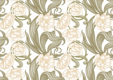 Terri Lale çiçekleri, dekoratif çiçekler ve yapraklar sanat tarzında yeni moda, eski, eski tarz. Kusursuz desen, arka plan. Vektör illüstrasyonu.