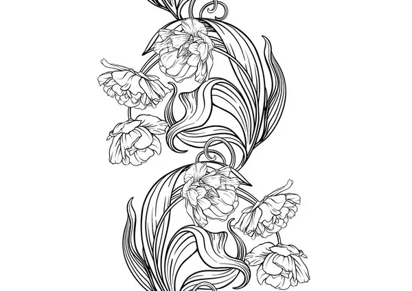 チューリップの花 装飾的な花 そして美術スタイル ヴィンテージ レトロなスタイルの葉 シームレスなパターン ベクトルイラスト ストックベクター