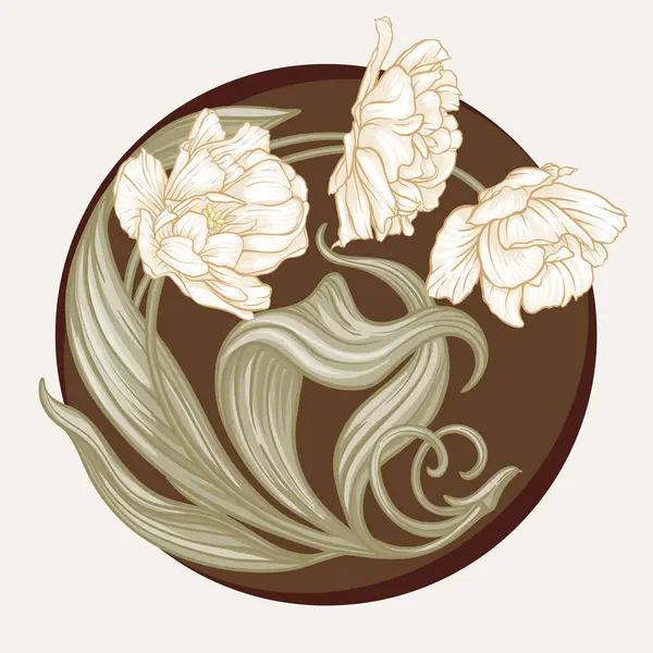 チューリップの花 装飾的な花 そして美術スタイル ヴィンテージ レトロなスタイルの葉 クリップアート Tシャツ バッグ タトゥーに印刷するためのデザインのための要素のセット ベクトルイラスト ロイヤリティフリーのストックイラスト