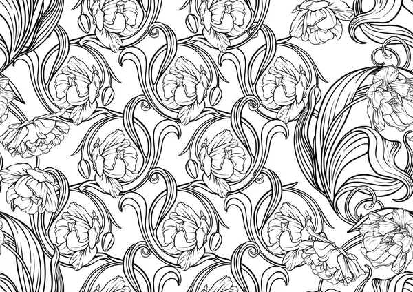 チューリップの花 装飾的な花 そして美術スタイル ヴィンテージ レトロなスタイルの葉 シームレスなパターン ベクトルイラスト ロイヤリティフリーストックベクター