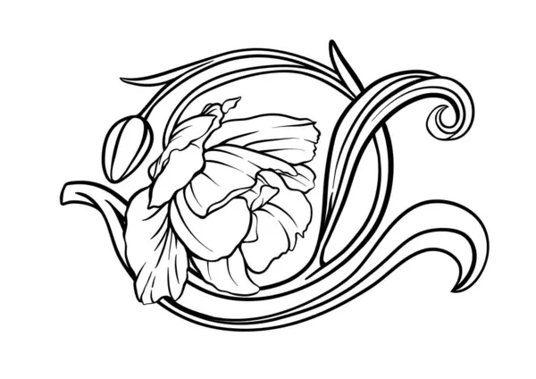 チューリップの花 装飾的な花 そして美術スタイル ヴィンテージ レトロなスタイルの葉 クリップアート Tシャツ バッグ タトゥーに印刷するためのデザインのための要素のセット ベクトルイラスト ストックベクター