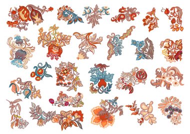 Fantezi, uzaylı çiçekleri, dekoratif çiçekler ve yapraklar. Çizgi film tarzı. Millefleur 'ların moda çiçek tasarımı. Clip sanatı, tasarım Vektörü illüstrasyonu için elementler kümesi.