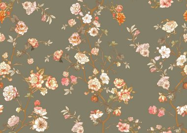 Çiçekli çiçek ağaçları. Kusursuz desen, arka plan. Vektör çizimi. Chinoiserie, japandi, botanik stili