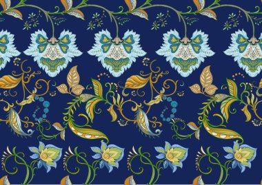 Eski moda fantezi çiçekleri, eski moda, jakoben nakış tarzı. Kusursuz desen, arka plan. Vektör illüstrasyonu.