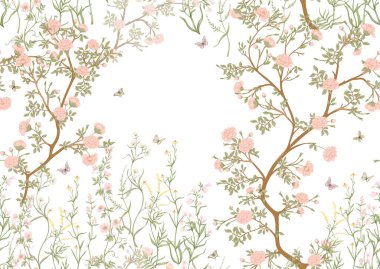 Çiçekli ve kelebekli çiçek ağaçları. Kusursuz desen, arka plan. Vektör çizimi. Chinoiserie, japandi, botanik stili