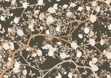 Çiçekli ve kelebekli çiçek ağaçları. Kusursuz desen, arka plan. Vektör çizimi. Chinoiserie, japandi, botanik stili