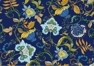 Eski moda fantezi çiçekleri, eski moda, jakoben nakış tarzı. Kusursuz desen, arka plan. Vektör illüstrasyonu.