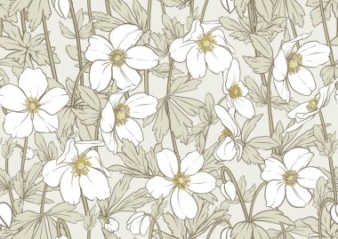 Orman Anemone çiçekleri, dekoratif çiçekler ve kusursuz desenler, arka plan. Vektör çizimi. Botanik tarzında.