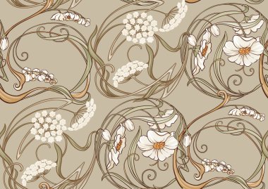 Dekoratif çiçekler ve yapraklar sanat tarzında yeni moda, eski, eski moda. Kusursuz desen, arka plan. Vektör çizimi. Yeni sanat tarzında, eski, eski, eski tarzda..